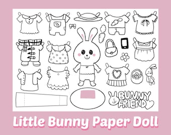 Cute Bunny Printable Paper doll,Digital Download,Coloring Paper doll PDF,Paper Toys,Fun Activities,Activity Sheet,Printable Coloring Page