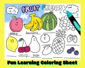 Cute Fruit Kids Coloring Page,Children Activity,Birthday Activity,Kids Coloring Sheet,Educational Activity,Printable Coloring Sheet,Download