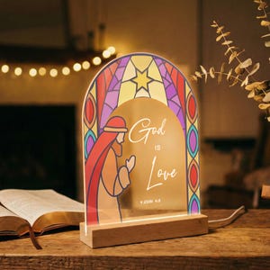 God is Love Night Light, Jesus Praying Sign, Christian Nursery Decor, Personalized Baptism Gift, Stained Glass Style Scripture Lamp, MBH09