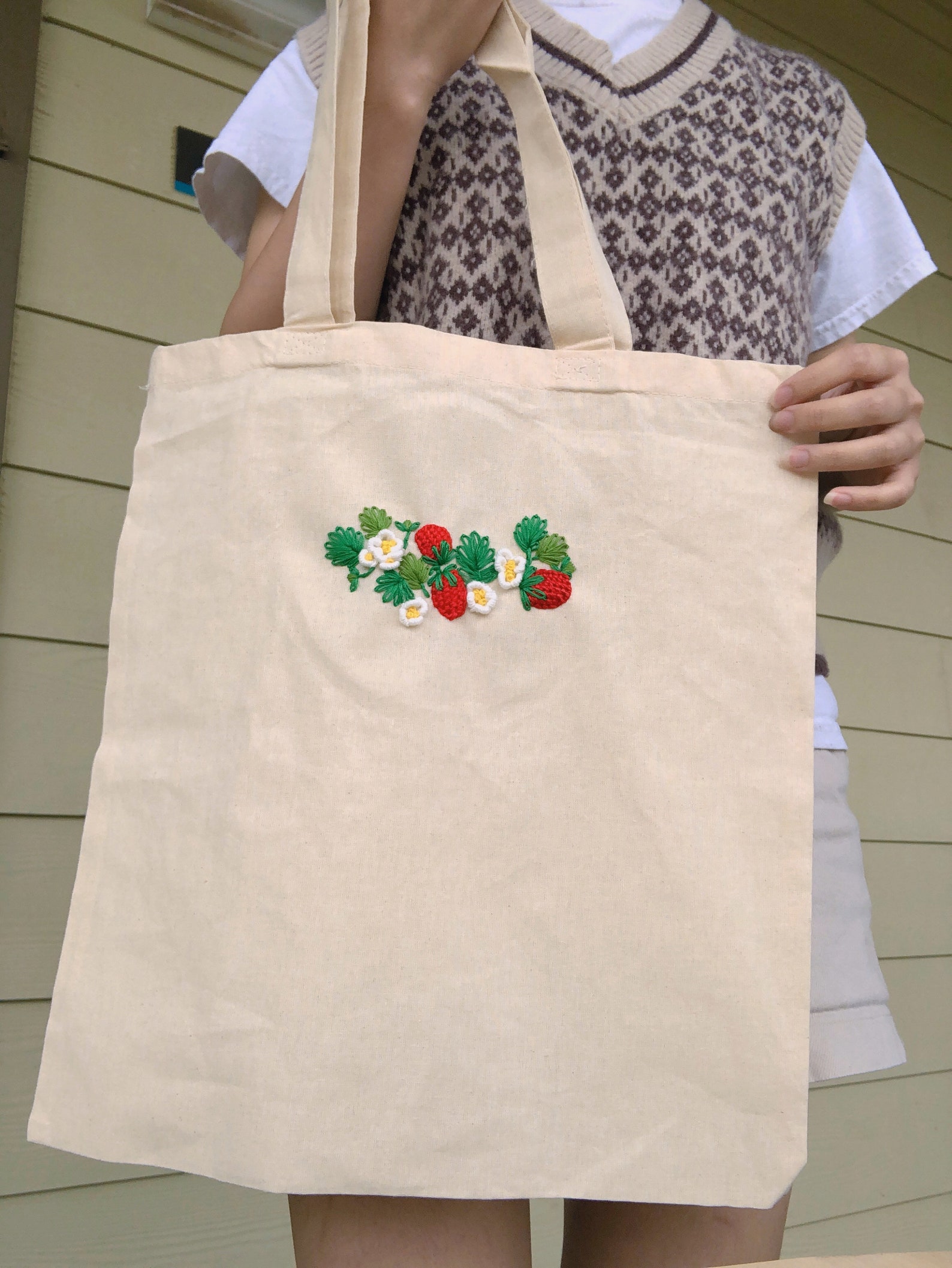Strawberry embroidery Tote Bag /NATURAL Canvas Tote Bag / Etsy