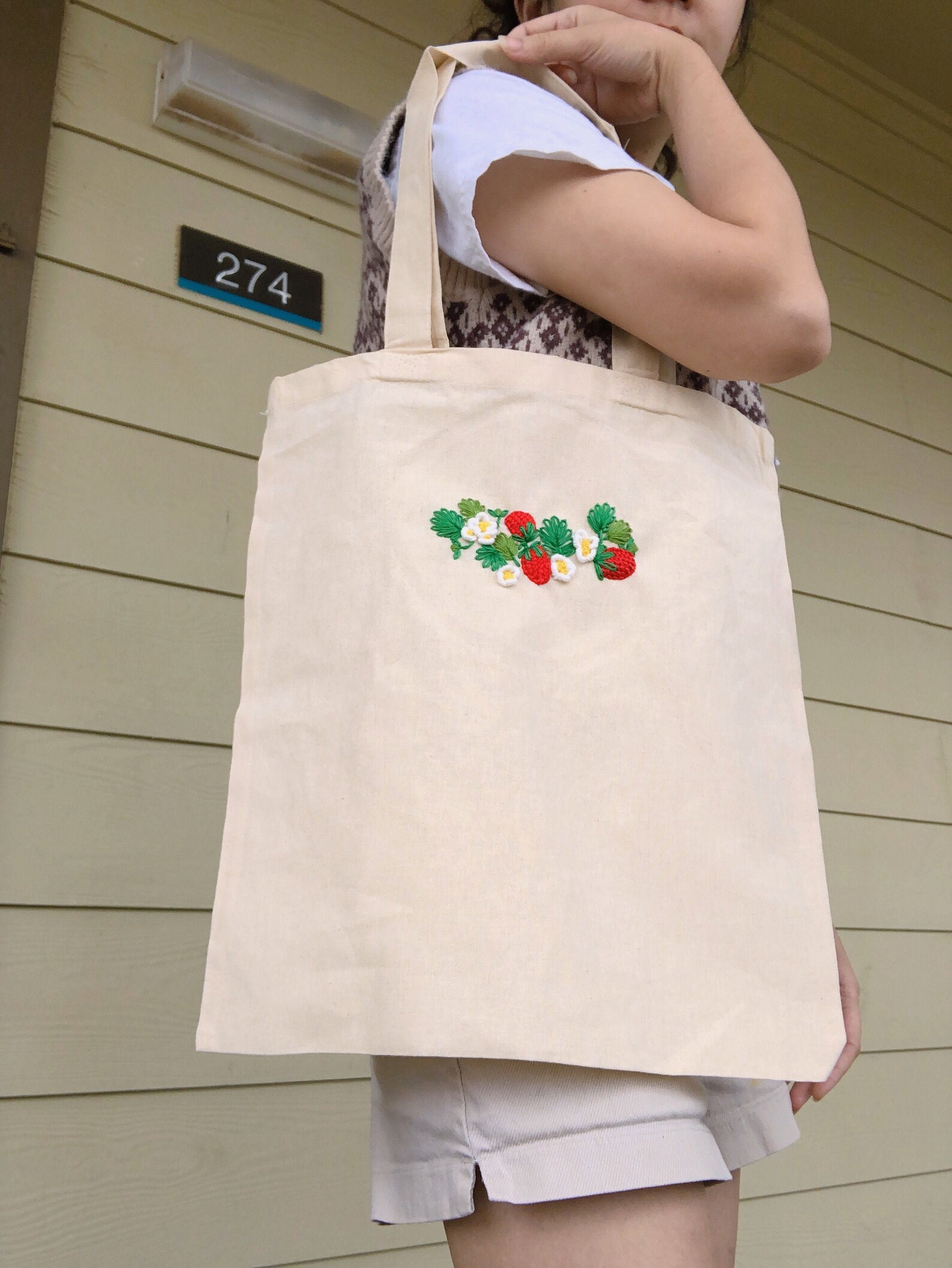 Strawberry embroidery Tote Bag /NATURAL Canvas Tote Bag / | Etsy