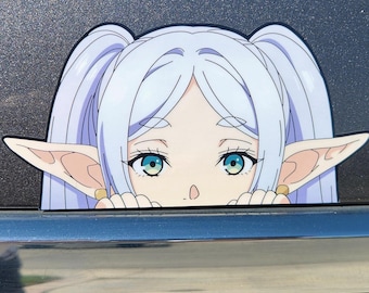 May include: A vinyl decal featuring an anime-style character with long, light blue hair styled in twin tails, pointed elf ears, and large teal eyes. The character is depicted peeking over a ledge with hands visible at the bottom edge.