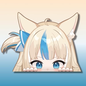 May include: A cartoon sticker of a character with blonde hair, blue highlights, and large blue eyes. The character has cat-like ears and is peeking over an edge, with small hands visible. A blue bow is in the hair.