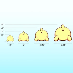 May include: Four plush toys in the shape of a cartoon animal's rear end. The toys are yellow with red outlines and are shown in different sizes: 2 inches, 3 inches, 4.25 inches, and 5.25 inches.