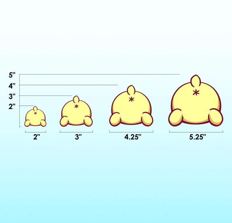 May include: Four plush toys in the shape of a cartoon animal's rear end. The toys are yellow with red outlines and are shown in different sizes: 2 inches, 3 inches, 4.25 inches, and 5.25 inches.