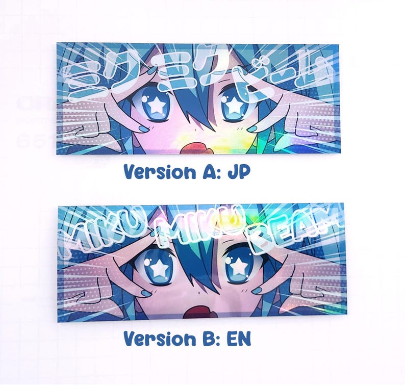 May include: Two rectangular stickers featuring anime-style artwork. The top sticker, labeled "Version A: JP," displays a character with blue hair and eyes, with Japanese text. The bottom sticker, "Version B: EN," shows the same character with English text.