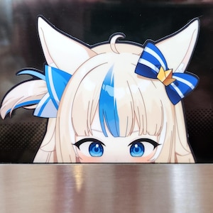 May include: Anime-style illustration of a character with white hair, blue highlights, and large blue eyes. The character has cat-like ears and is wearing a blue bow with a gold star accent. The image is a close-up, focusing on the character's face.