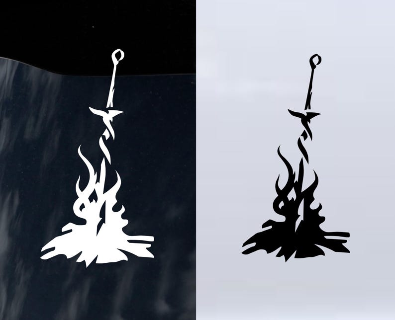 May include: A black and white illustration of a sword in a fire. The sword is in the center of the image and the fire is around it. The image is a simple design and is perfect for a sticker or decal.