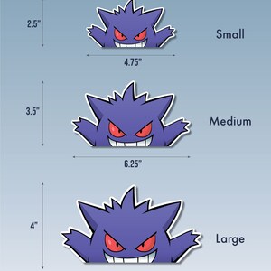 May include: Three sizes of a purple and red cartoon ghost character with a mischievous grin. The sizes are small, medium, and large, measuring 4.75 inches, 6.25 inches, and 7.5 inches wide, respectively.