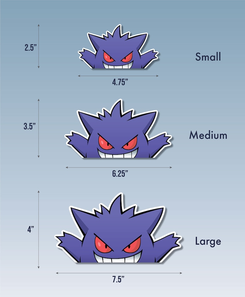 May include: Three sizes of a purple and red cartoon ghost character with a mischievous grin. The sizes are small, medium, and large, measuring 4.75 inches, 6.25 inches, and 7.5 inches wide, respectively.