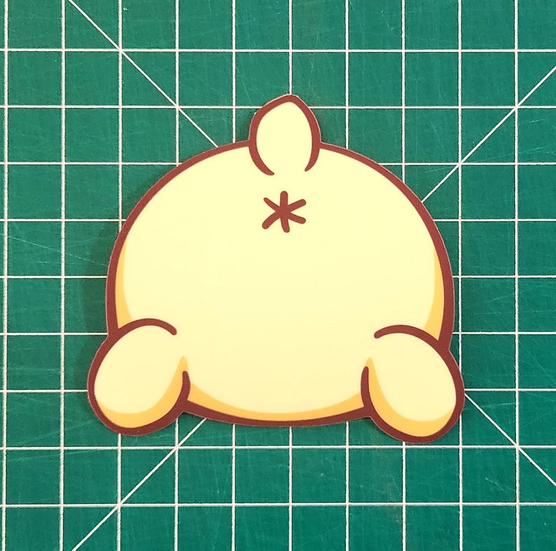 May include: A yellow cartoon character with a brown tail and a white star on its back. The character is facing away from the viewer and has its arms raised.