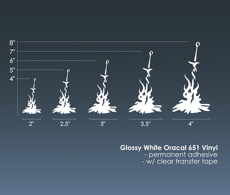May include: Five sizes of white vinyl decals of a bonfire with a sword sticking out of the top. The decals are shown against a gray background with measurements in inches. The text "Glossy White Oracal 651 Vinyl - permanent adhesive - w/ clear transfer tape" is below the decals.