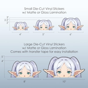 Puede incluir: Pegatinas de vinilo troqueladas con un personaje de dibujos animados con pelo blanco y orejas puntiagudas. Las pegatinas est&aacute;n disponibles en varios tama&ntilde;os, que van desde 5 cm hasta 12,7 cm de altura y desde 10,16 cm hasta 25,4 cm de ancho. Las pegatinas tienen laminaci&oacute;n mate o brillante e incluyen cinta de transferencia.