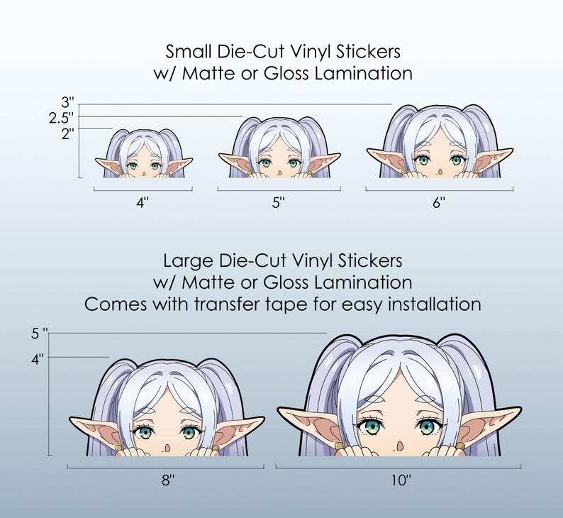 Puede incluir: Pegatinas de vinilo troqueladas con un personaje de dibujos animados con pelo blanco y orejas puntiagudas. Las pegatinas est&aacute;n disponibles en varios tama&ntilde;os, que van desde 5 cm hasta 12,7 cm de altura y desde 10,16 cm hasta 25,4 cm de ancho. Las pegatinas tienen laminaci&oacute;n mate o brillante e incluyen cinta de transferencia.