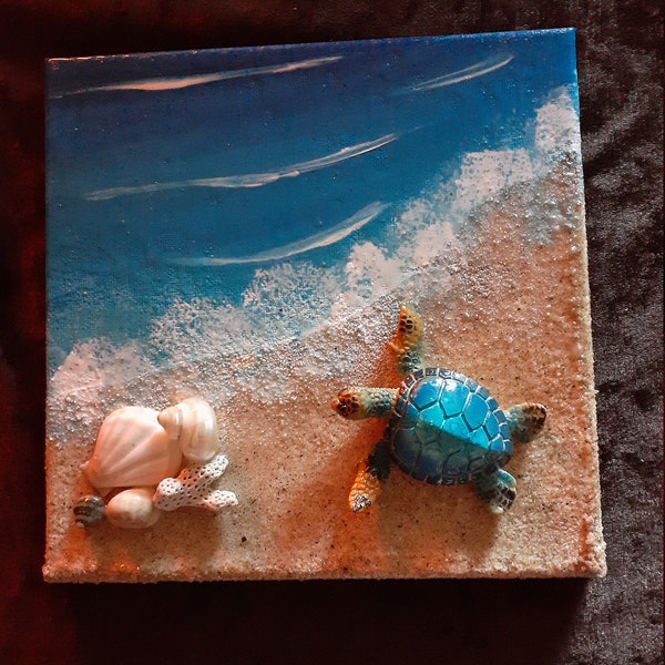 Paradise, Tropical Turtle and Sand Beach Art, Beach Painting, Tropical Paintings, Great Barrier Reef, Port Douglas, Small Acrylic Painting