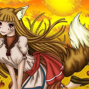 May include: A digital illustration of a young woman with long brown hair and a fox tail. She is wearing a white shirt with a brown vest and a red sash. She is standing in a field of wheat with a sunset in the background.