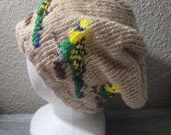 Handmade Knit Parakeet Beanie: Lined fleece Bird Hat
