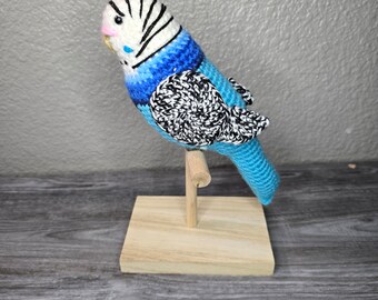 Crochet Parakeet Replica, Vegan Taxidermy Pet Bird on Stand