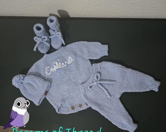 Heirloom knitted baby outfit with custom crochet name embroidered