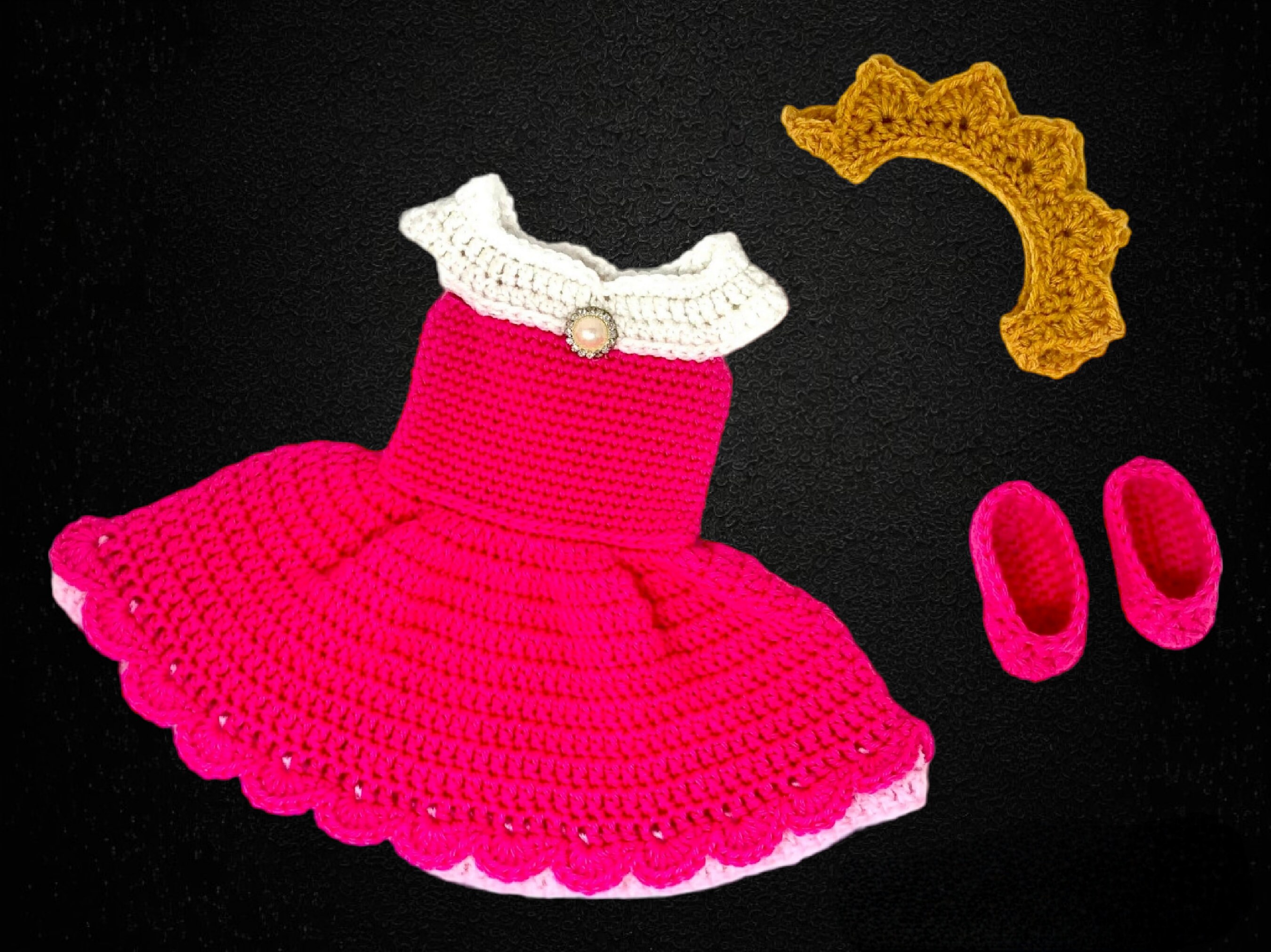 Princess pink dress with crown and shoe set, custom crochet baby clothes, princess photo outfit, princess dress, baby crown, shoes, photo