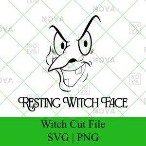 Puede incluir: Un dibujo lineal en blanco y negro de la cara de una bruja con una nariz larga, dientes torcidos y una expresión siniestra. El texto "RESTING WITCH FACE" está debajo. Debajo está escrito "Witch Cut File SVG | PNG".