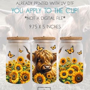 Highland Cow Cup Wrap, Cow 16 OZ Cup Wrap, 16 OZ Cup Wrap, Libbey Glass Cup Wrap, Cup Sticker, Sticker, UV Dtf Sticker, Cow, Butterflies