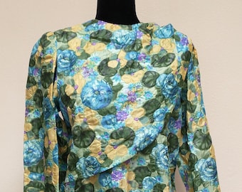 Vintage floral dress,shift, green, blue, yellow, women's small to medium. Formal event, wedding guest.
