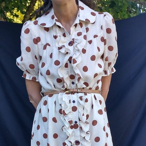 1960 style cream and brown polkadot house dress made in 1990s Silk and cotton, women's small image 1