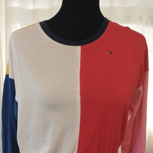 1990s Multi colored Tommy Hilfiger oversized cotton long sleeve t shirt,  women&#39;s small to medium, men&#39;s extra small