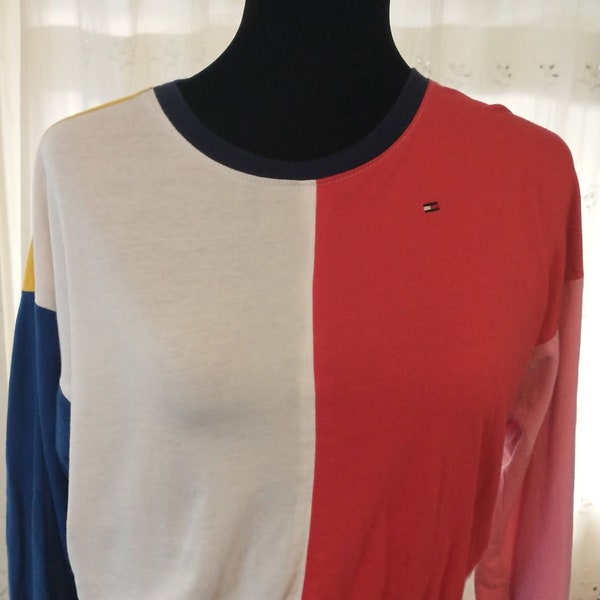 1990s Multi colored Tommy Hilfiger oversized cotton long sleeve t shirt,  women's small to medium, men's extra small