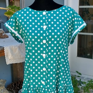 1920s style Vintage Laura Ashley, drop waist dress,  green and white polka dot summer dress, , cotton, Great Britian