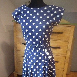 Byer Too! Vestido de lunares azules y blancos de algodón de los años 80, fabricado en EE. UU., talla pequeña para mujer, vestido de verano, manga corta, estilo años 50, rockabilly