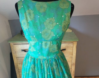 1950s-60s Fit and Flare swing, prom dress, waist band, green and blue floral, women's small, Jonathan Logan