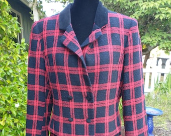 Jaunty midcentury red and black vintage plaid blazer and skirt, 1970s suit, Vintage size 14, women's small