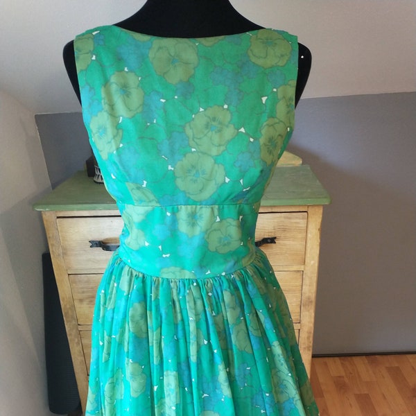1950s-60s Fit and Flare swing, prom dress, waist band, green and blue floral, women's small, Jonathan Logan