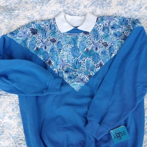 Oversized collared sweatshirt, New with Tags, deadstock, blue, white, floral, cotton, acrylic, made in USA