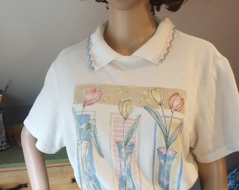 1980 collared grandma t-shirt, grunge, tulips, oversized, women's medium to large