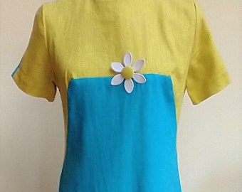 1960s blue and yellow women's small couture sheath dress, pencil, cotton weave, short sleeve, mod