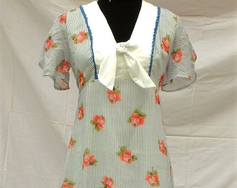 Vestido estilo Laura Ashley, años 70, maxi, floral, verano, cuello grande, azul y rosa, talla pequeña de mujer.