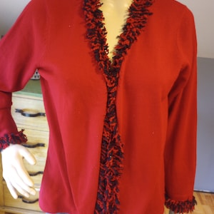 Vintage Ambra red acrylic sweater, fringe, 3/4 sleeve, women&#39;s small, made in Hong Kong