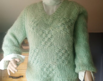 Mid century Nemar Italian hand knit Mohair and wool sweater, pale green, Nemar