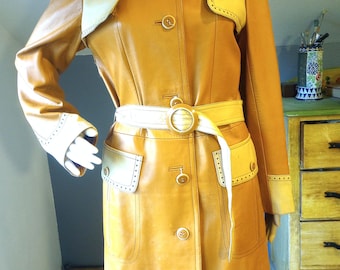 1960s or 1970s women's  leather boho retro vintage, 2 tone, long coat. LedaSpain by Gripper. made in Spain. women's small.