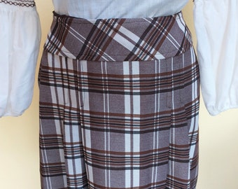 1970s brown and white plaid school girl pleated mini skirt, mod, sexy, back to school,