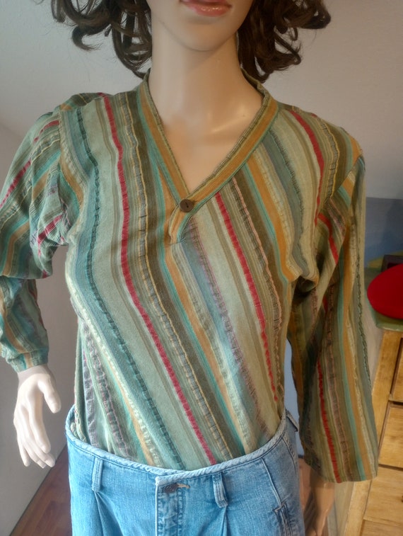 1970s retro vintage striped blouse, avocado green,