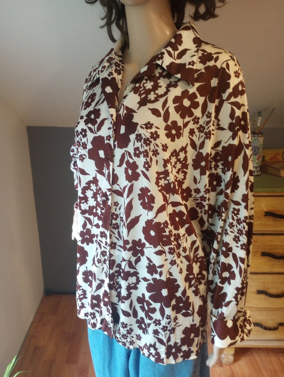 1970s floral brown and cream ladies disco shirt,  