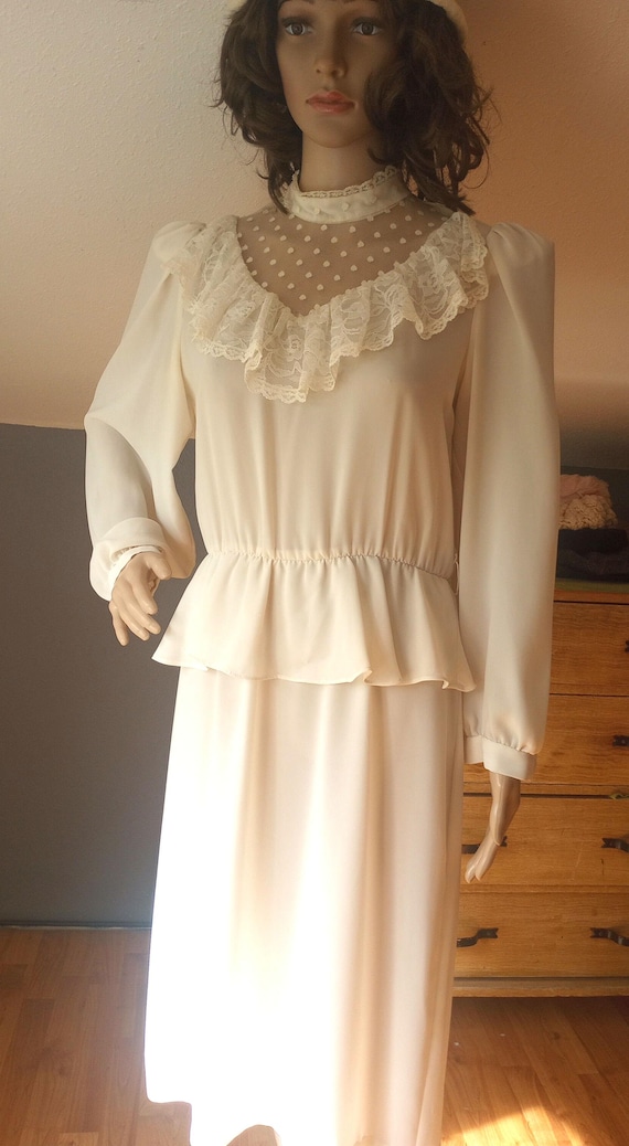 White blouson dress, sheer, high neck, lace v-neck, wedding, dance, women's small to medium, 1970s, 1980s vintage White blouson dress, sheer, high neck, lace v-neck, wedding, dance, women's small to medium, 1970s, 1980s vintage