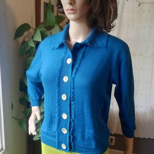 Mid century gorgeous royal blue vintage acrylic cardigan sweater, large buttons, 3/4 sleeve