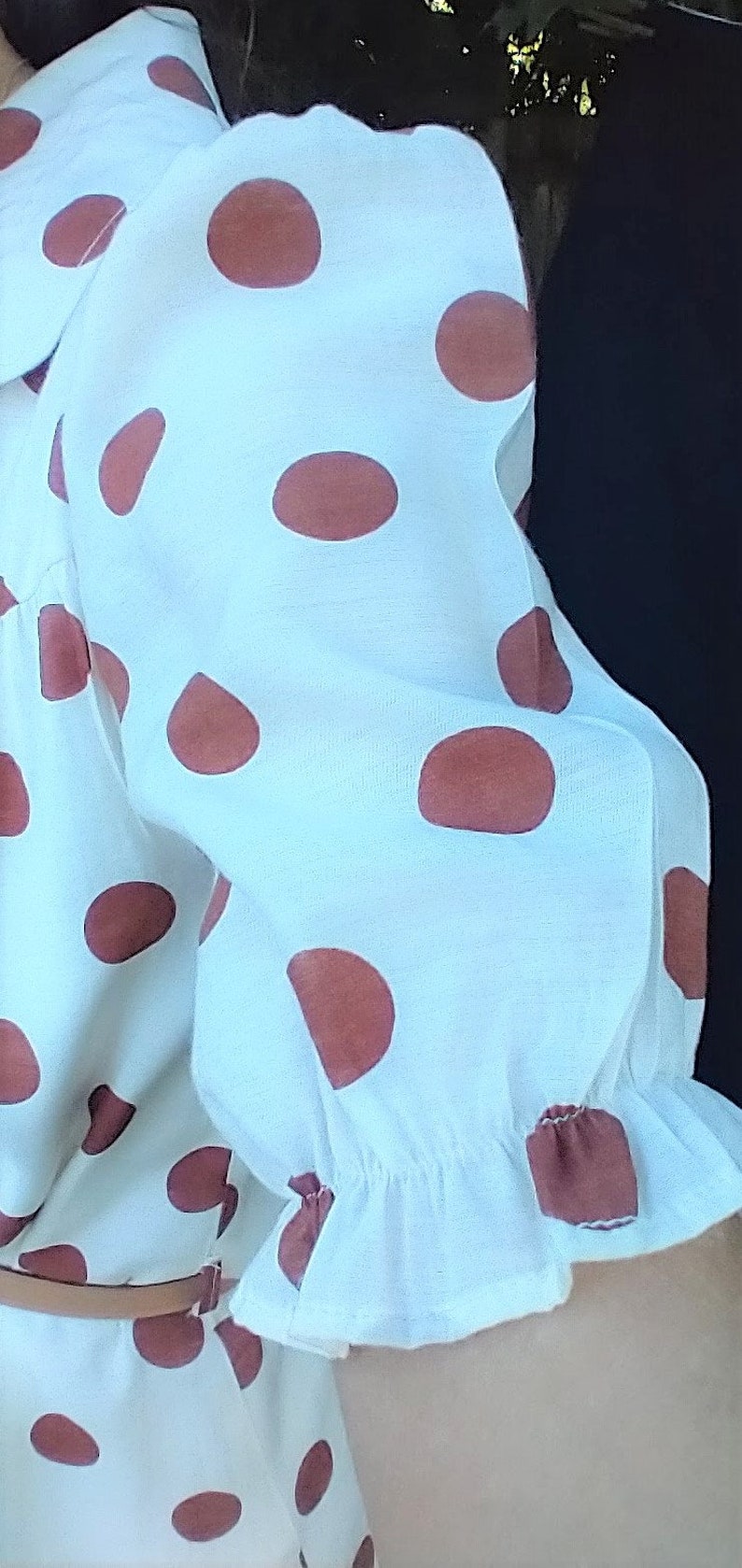 1960 style cream and brown polkadot house dress made in 1990s Silk and cotton, women's small image 5