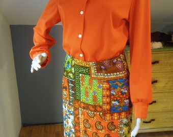 Retro 1960s midi skirt, orange, yellow, brown, floral, paisley pattern. small to medium, fall colors, a-line, patchwork pattern.
