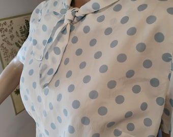 Vintage polkadot summer blouse, blue and white. Women's small. Mid century modern. Light polyester.